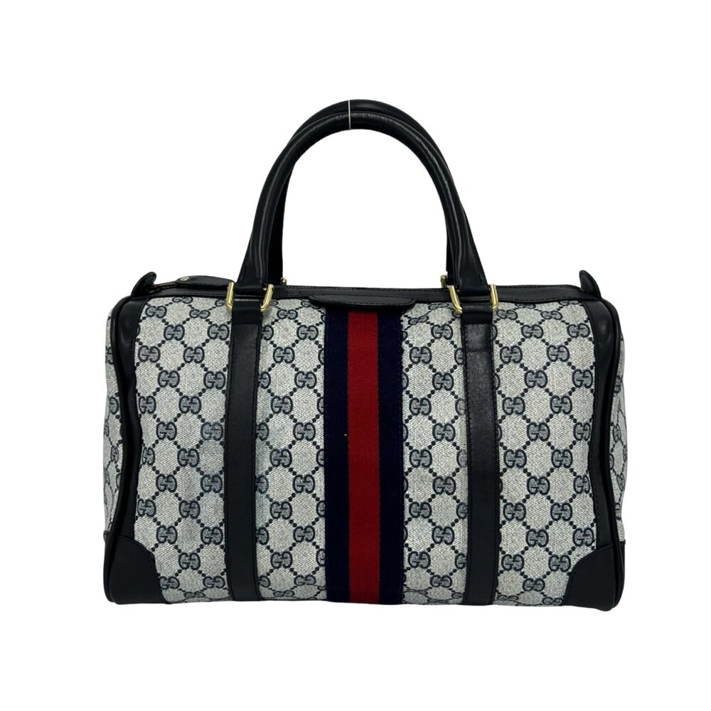 GUCCI Vintage Sherry Line GG Pattern Leather Handbag Mini Boston Bag Navy 82875